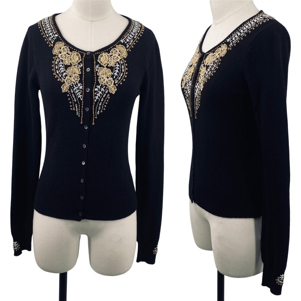 Vintage Y2k Beaded Cashmere Cardigan Button Front Black Gold Womens Small